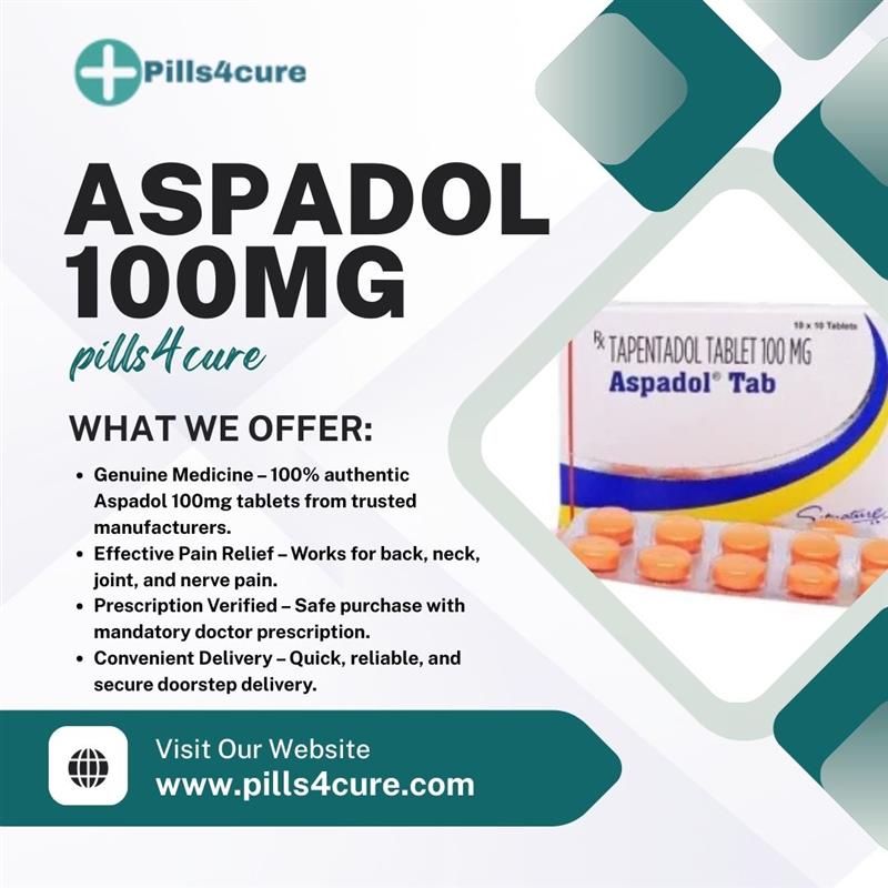 Aspadol 100mg tablets from Pills4cure, with blister pack of orange pills and highlighted pain relief benefits