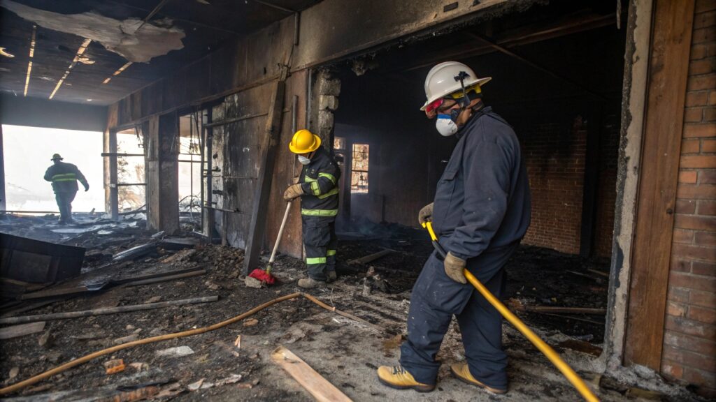 Three firefighters in protective gear and helmets inspect and clean up the charred remains of a burned building. One firefighter sweeps debris while another stands with a tool, and a third walks through the smoky, damaged interior. The walls and ceiling are blackened from fire damage, and scattered rubble covers the floor.