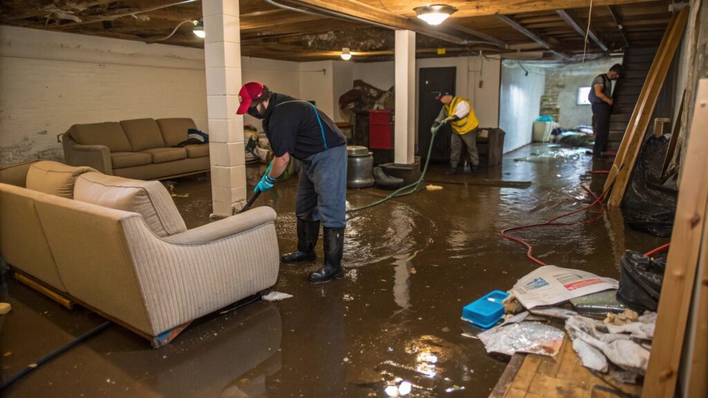 Workers clean up a flooded basement filled with muddy water. One person in rubber boots and gloves uses a shovel near a wet couch, while another sprays water with a hose in the background. The room has exposed wooden beams, furniture pushed aside, and scattered debris on the wet floor.