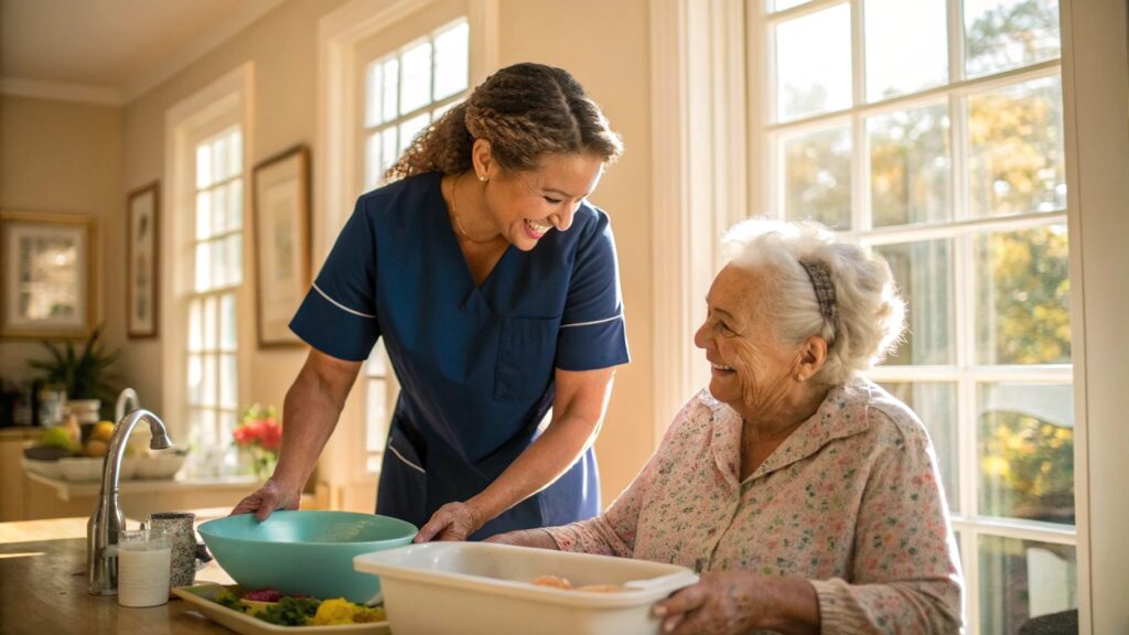 A smiling caregiver in a navy blue uniform helps an elderly woman with white hair wash dishes in a bright kitchen, both sharing a cheerful moment near a sunlit window.