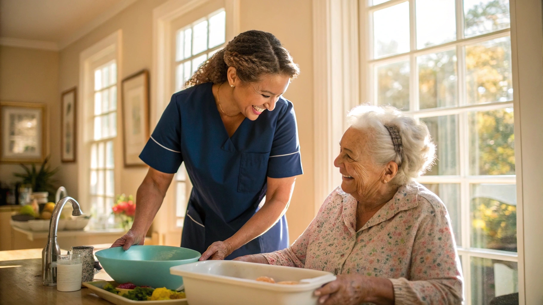 A smiling caregiver in a navy blue uniform helps an elderly woman with white hair wash dishes in a bright kitchen, both sharing a cheerful moment near a sunlit window.