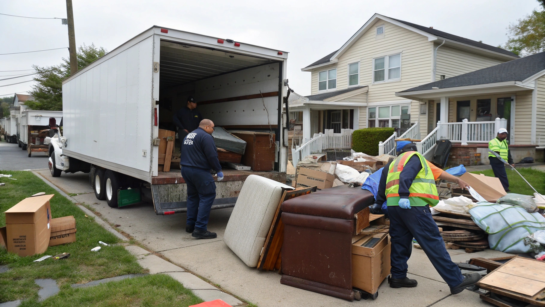 Workers in safety vests and uniforms load old furniture, boxes, and debris into a large white truck during a residential junk removal job on a suburban street.