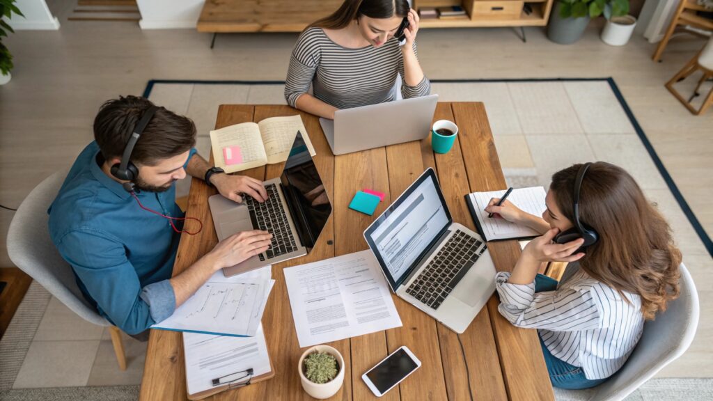 Three remote employees wearing headsets work together at a wooden table with laptops, notebooks, and documents, collaborating on tasks in a modern home office setti