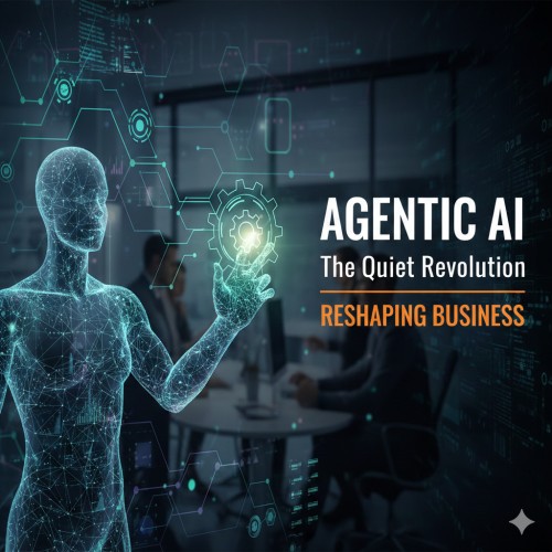 A glowing, wireframe human figure (representing Agentic AI) interacting with a digital gear icon over a blurred background of businesspeople meeting in an office. Text overlaid reads: "Agentic AI: The Quiet Revolution Reshaping Business Decisions."
