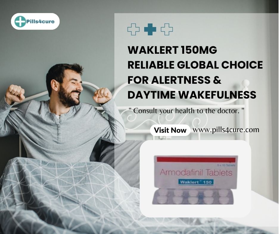 Waklert 150mg tablets for alertness and daytime wakefulness, shown with pills4cure branding and packaging for focus support.