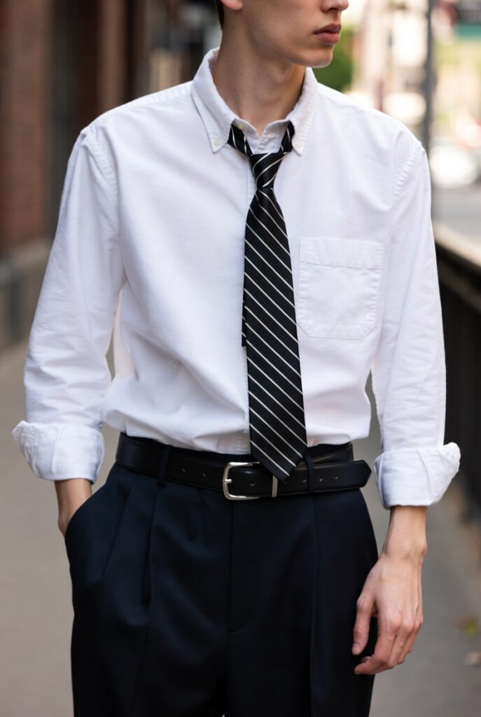 A close-up, cropped photo of a person wearing a classic, preppy outfit: a white button-down shirt with rolled-up sleeves, a black and white striped tie loosely knotted, dark navy or black pleated trousers, and a black leather belt with a silver buckle. The person has one hand in their pocket and is standing outdoors on a sidewalk.
