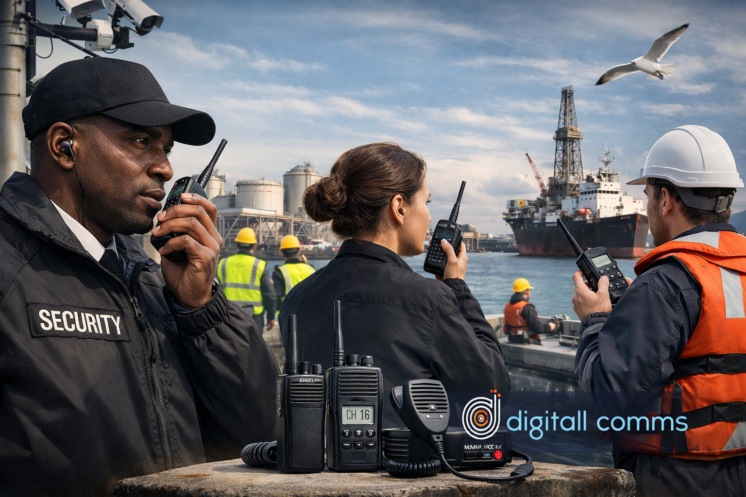 Security teams using two-way radios at a UK industrial port, demonstrating reliable workplace and marine communication.