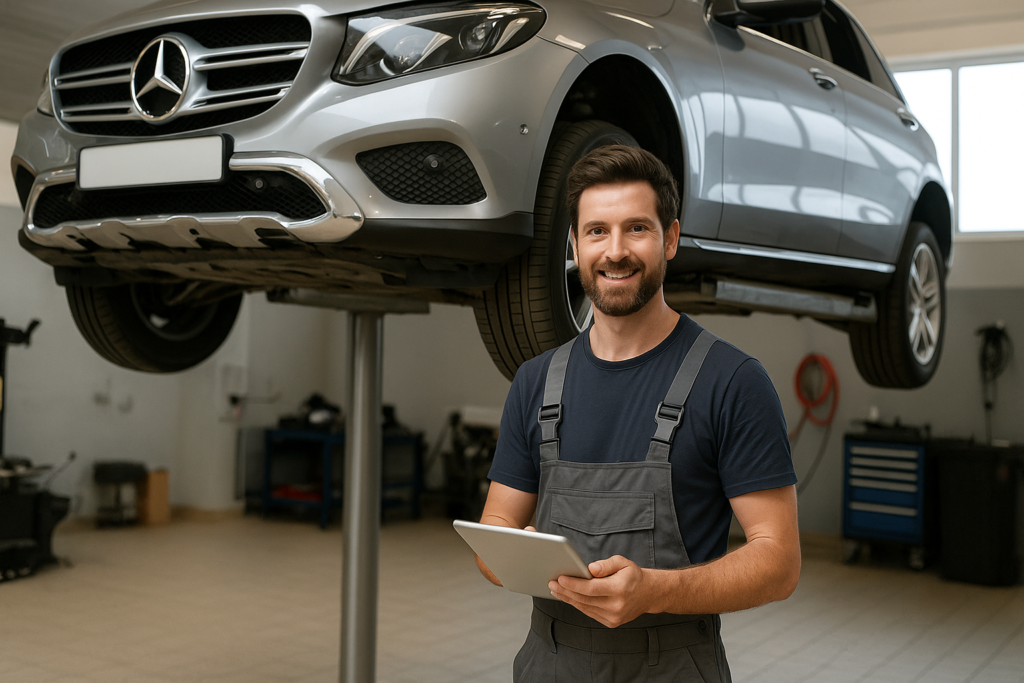 A mechanic standing in front of mercedes car with a tablet representing mercedes garage dubai.