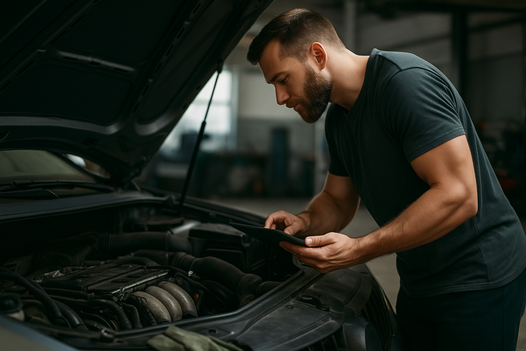 An expert mechanic inspecting the vehicle represents an expert mechanic.