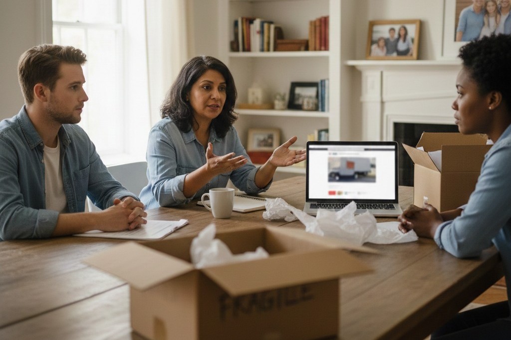 Group discussing moving scam prevention around a table with boxes and a laptop in a bright, realistic home.