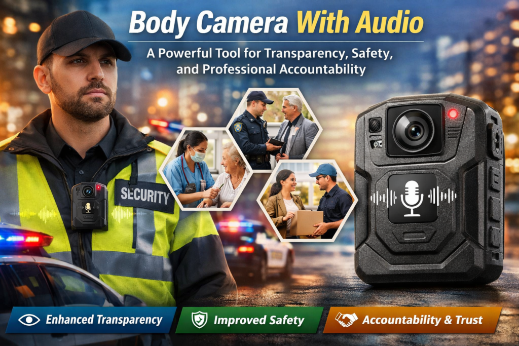 Professional security officer wearing a body camera with audio to enhance transparency, safety, and accountability during public interactions