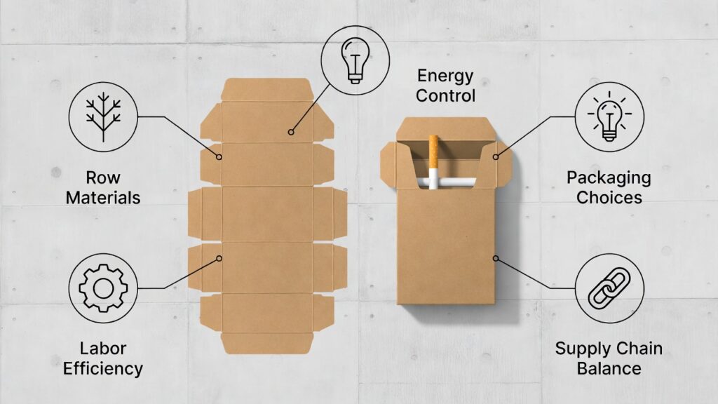 Key cost optimization areas in cigarette manufacturing including packaging and supply chain balance.