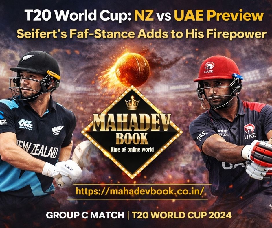 Tim Seifert batting for New Zealand vs UAE T20 World Cup match preview with Mahadev Book logo and match details
