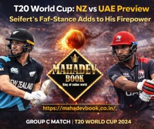 Tim Seifert batting for New Zealand vs UAE T20 World Cup match preview with Mahadev Book logo and match details