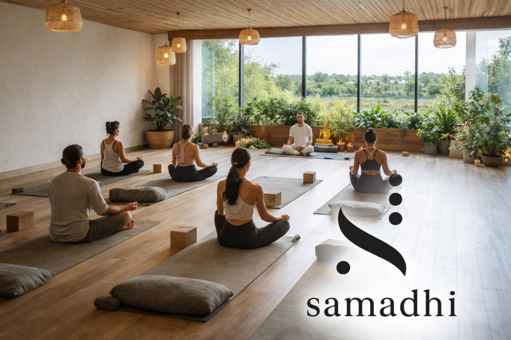 Sunlit yoga session at Samadhi Wellness Dubai with instructor guiding a peaceful group practice in a modern studio.